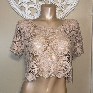 Say What women’s Large top shirt knit lace see through trend tan neutral crop